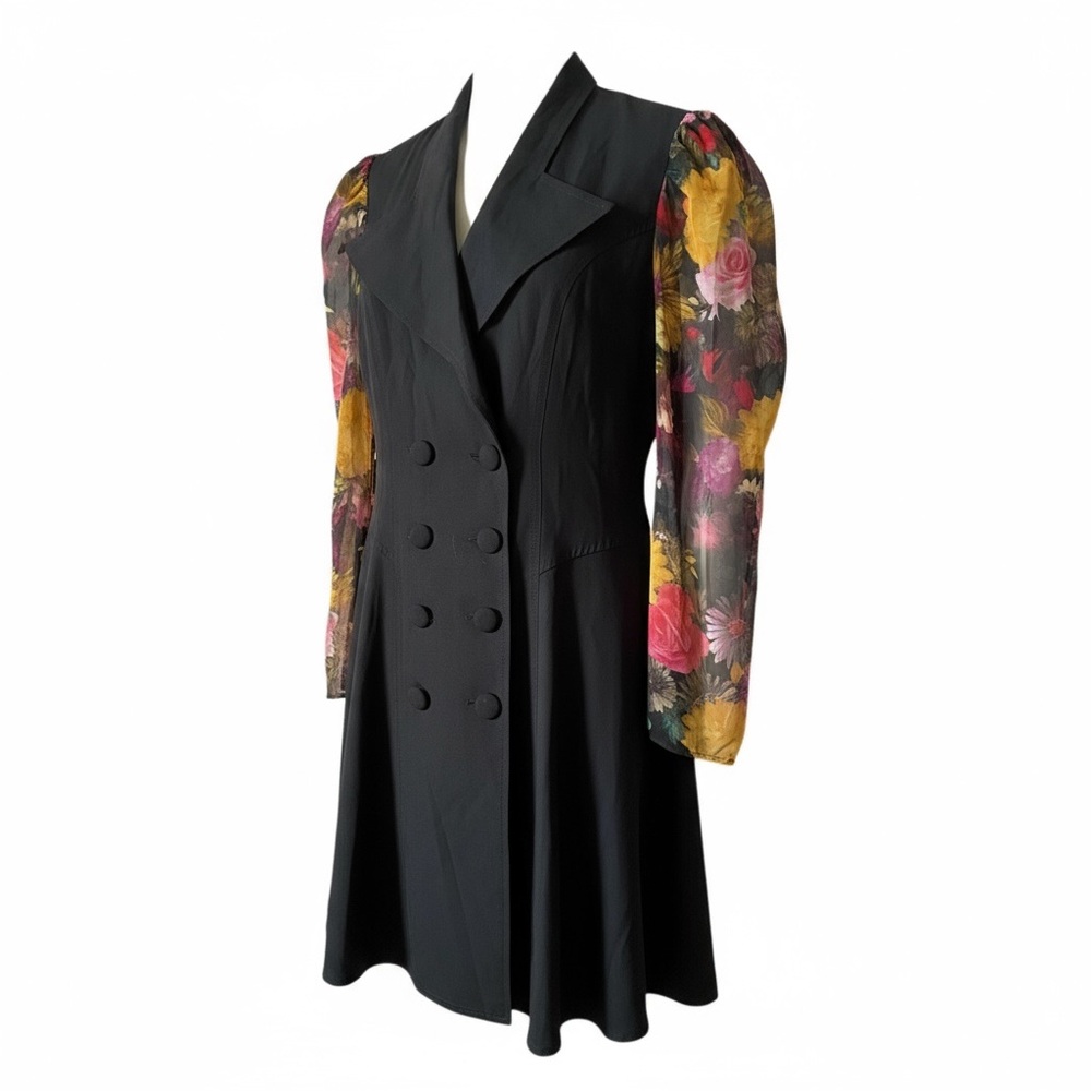 Frascati Black Dress with Sheer Floral Sleeves. Size 11/12. Vintage Blazer style